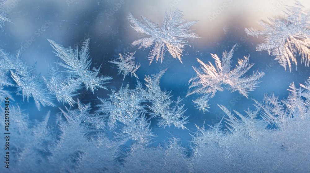 Poster frost-covered surfaces display stunning snowflake formations during a cold winter morning, creating 