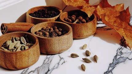 Autumn spices in wooden bowls on marble