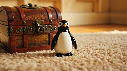 A charming penguin figurine stands beside an ornate wooden treasure chest on a cozy carpet - Powered by Adobe