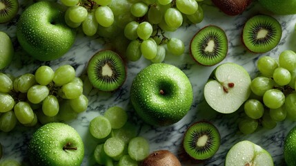 Fresh Green Fruits on Marble Surface with Slick Texture and Colors