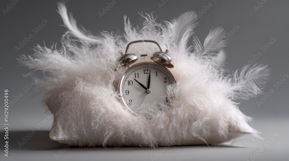 Poster a vintage alarm clock rests on a fluffy white pillow made of feathers, creating a cozy and unique di