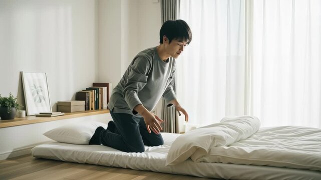 Young person making futon bed in minimalist room with sunlight, casual clothing, calm morning routine, domestic scene, daily life.