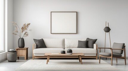 A modern minimalist living room with a neutral color palette, featuring a light sofa, wooden furniture, decorative plants, and a blank wall frame.