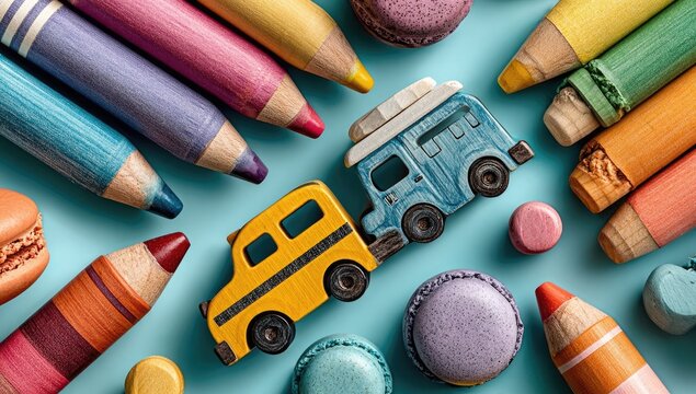 Colorful toys and crayons on light blue background