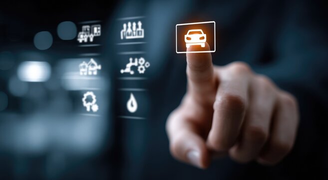 Hand selecting car icon on digital interface