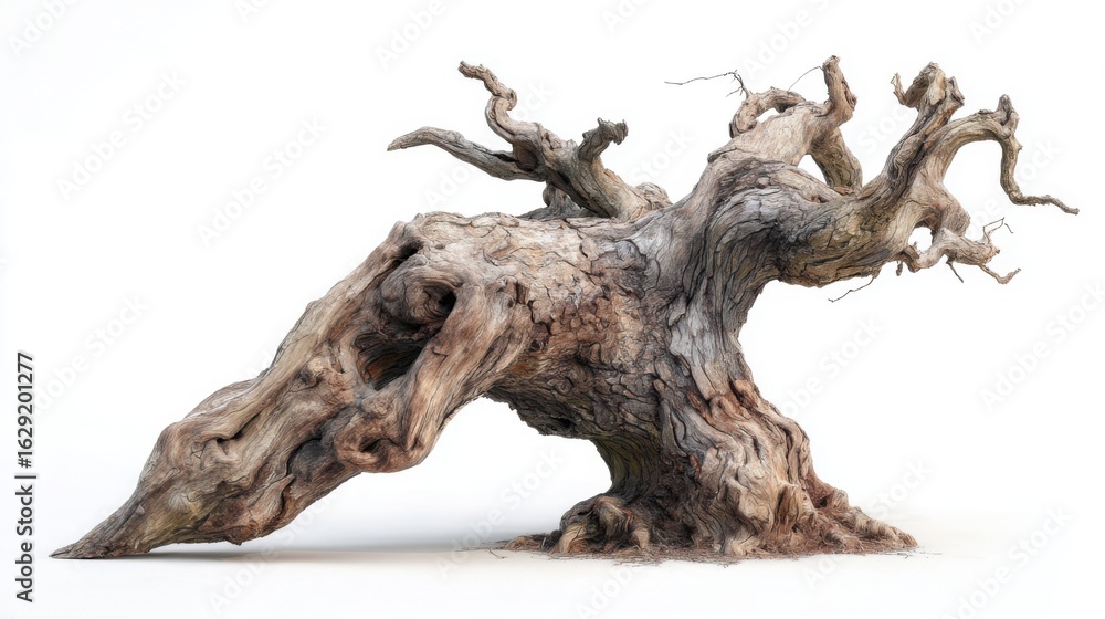 Poster a heavily weathered tree with twisted branches and a distinctive shape stands alone against a plain 