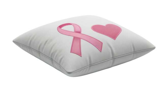Pink Ribbon and Heart Embroidered Pillow Symbolizing Breast Cancer Awareness