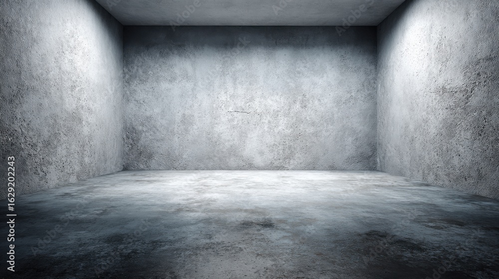 Poster a spacious room featuring gray concrete walls and floor, illuminated by soft lighting. the empty spa