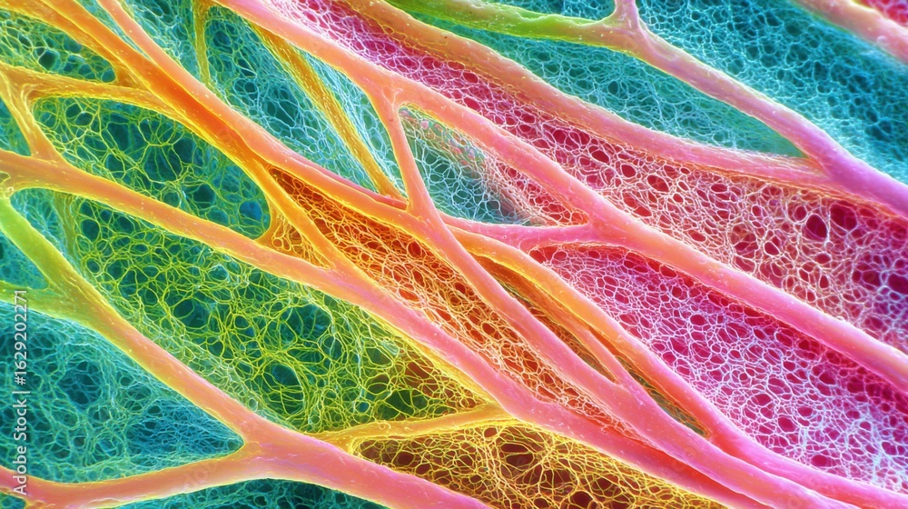 Poster this visual displays a stunning microscopic perspective of cellular structures filled with interwove