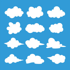 Cartoon White Cloud Icons, Flat Weather Clipart, Puffy Cloud Silhouette Set on Blue Background