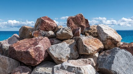 A cluster of large, colorful rocks is arranged on the sandy shore, with the bright blue ocean gently lapping at the base of the rocky formation under a clear sky.
