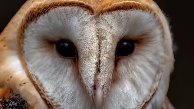 Common barn owl (tyto alba) head close-up portrait showcasing intricate feather patterns, striking dark eyes, and soft facial disc details in warm natural light