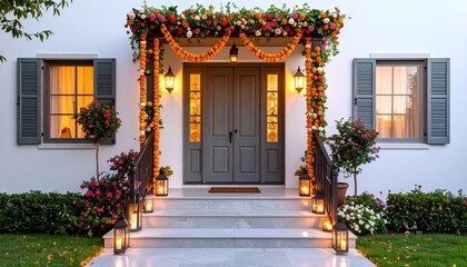 A welcoming home entrance decorated with vibrant flower garlands and glowing lanterns for a festive evening.