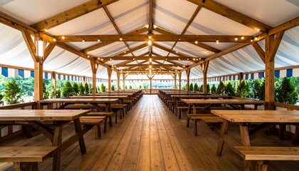 Fototapeta premium Empty wooden picnic tables and benches line a rustic outdoor pavilion with string lights.