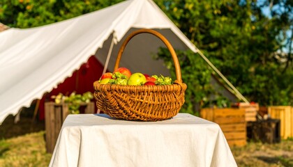 A wicker basket overflowing with fresh apples and grapes sits on a white table, with a large white tent and green trees in the sunny outdoor background.