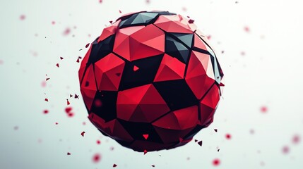 A futuristic red and black polygonal sphere made of geometric fragments floating against a light background.