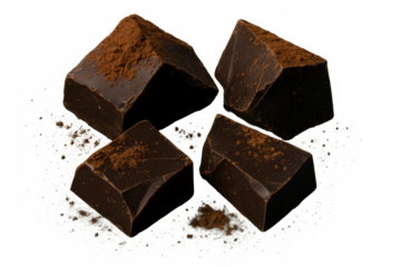Four dark chocolate chunks covered with cocoa powder, isolated on a transparent background, creating a tempting image for chocolate lovers