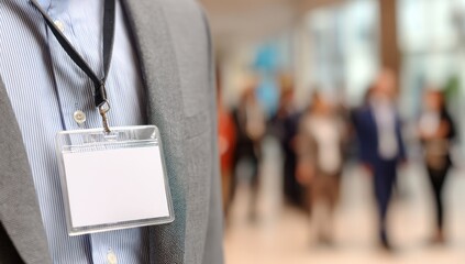 Focus on Identity: Blank Lanyard Badge at a Crowded Corporate Seminar