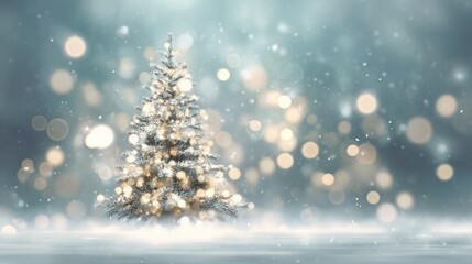 Obraz premium Snow gently falls around a beautifully lit Christmas tree, radiating warmth and joy. The scene captures the essence of winter and holiday spirit, evoking festive emotions.