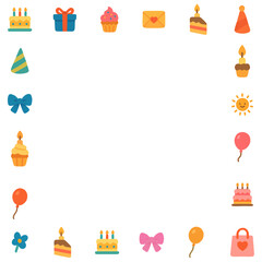 Fototapeta premium Birthday Party Icon Border Illustration, Isolated Background. Celebration Frame with Cake, Balloons, and Decorations