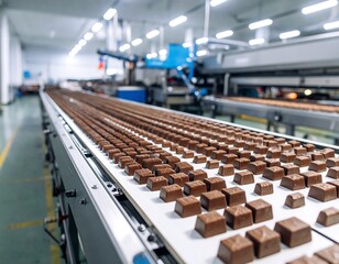 Fototapeta premium Chocolate squares on a factory conveyor belt