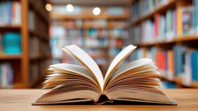 A well-worn book lies open on a polished wooden table in a tranquil library. Surrounding shelves are packed with various books, enhancing the welcoming atmosphere. - Powered by Adobe