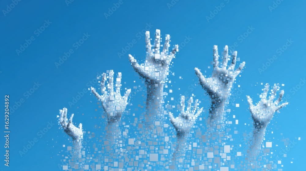 Poster unique visual of hands emerging from a vibrant blue sky, rendered in a pixelated style, symbolizing 