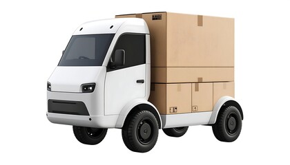 A small, white delivery truck carries several cardboard boxes