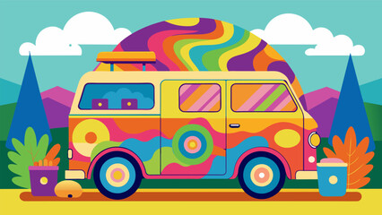 A colorful mobile vinyl van decorated with psychedelic swirls and equipped with a retro record player offering up the best in classic rock tunes while Vector illustration