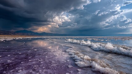Ominous storm clouds over a salt flat landscape with lightning and mountain range in the distance