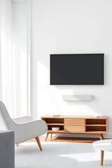 Fototapeta premium Modern living room with mounted television and wooden media console