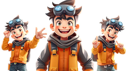 A lively animated character is dressed in an orange jacket and black scarf exhibiting various joyful poses and expressions perfect for adventurous storytelling