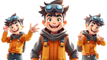 A lively animated character is dressed in an orange jacket and black scarf exhibiting various joyful poses and expressions perfect for adventurous storytelling