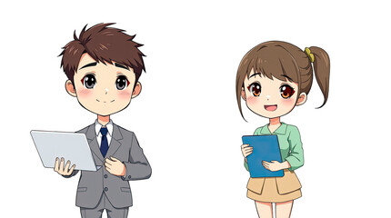 Fototapeta premium Two young professionals a male in business attire and a female in casual clothing are interacting with tablets while smiling in a contemporary setting