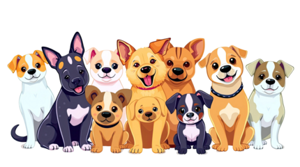 A group of cartoon dogs of different breeds gathers closely displaying happy faces and playful body language creating a lively cheerful atmosphere