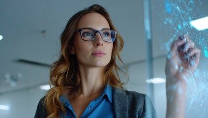 Focused Woman in Glasses Interacting with Glowing Blue Futuristic Digital Interface