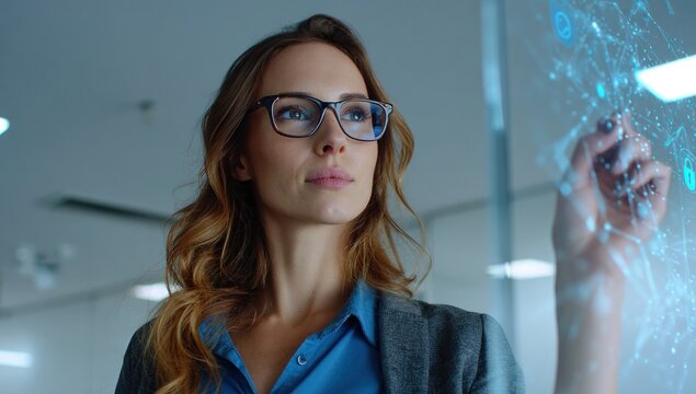 Focused Woman in Glasses Interacting with Glowing Blue Futuristic Digital Interface