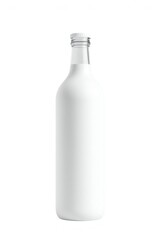 Clear glass bottle with white liquid and metal clasp on white background