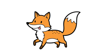 Obraz premium A cartoon fox with orange fur, walking and smiling on a white background.