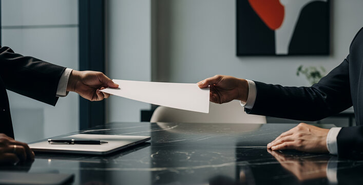 Two people exchanging a document at a desk in a business setting.
