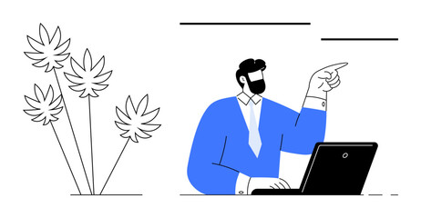 Businessman in a blue shirt, working on a laptop, pointing with one hand. Tall plants with slender leaves. Ideal for work, office, leadership, communication, focus technology simple flat metaphor