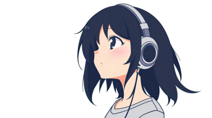 A girl with dark hair is wearing headphones and listening to music displaying a thoughtful expression in a minimalist art style emphasizing her emotions