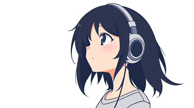 A girl with dark hair is wearing headphones and listening to music displaying a thoughtful expression in a minimalist art style emphasizing her emotions