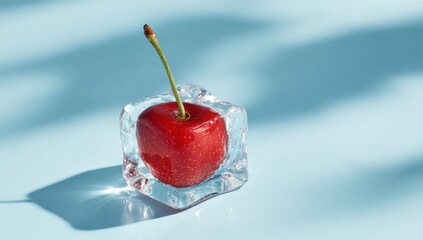 Fresh cherry in ice cube
