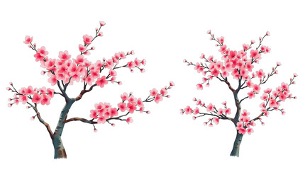 Fototapeta premium Two cherry trees are adorned with bright pink blossoms marking the arrival of spring in a peaceful outdoor garden. Nature thrives in this tranquil setting