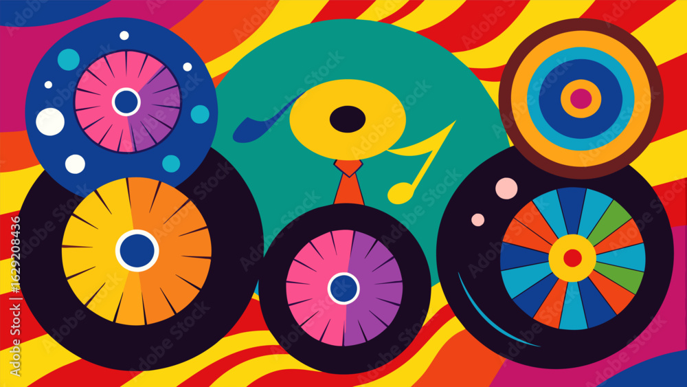 Poster a collection of records with a tiedye effect utilizing a variety of colors to create a psychedelic a