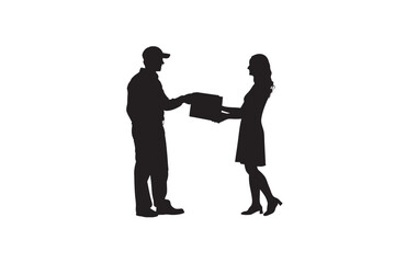 Silhouette of a delivery person handing a package to a customer representing logistics and e commerce transactions with a clear white background for easy compositing