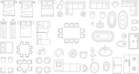 Fototapeta premium Modern floor plan elements including beds, sofas, tables, and bathroom fixtures