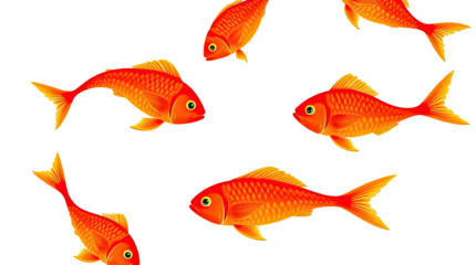 Six vibrant orange goldfish swim gracefully in a circular formation against a plain background showcasing their colorful fins and lively movement