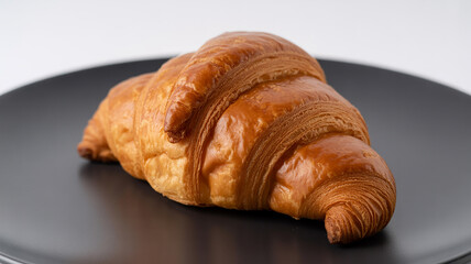 Fototapeta premium Golden brown flaky croissant pastry on a dark ceramic plate close up